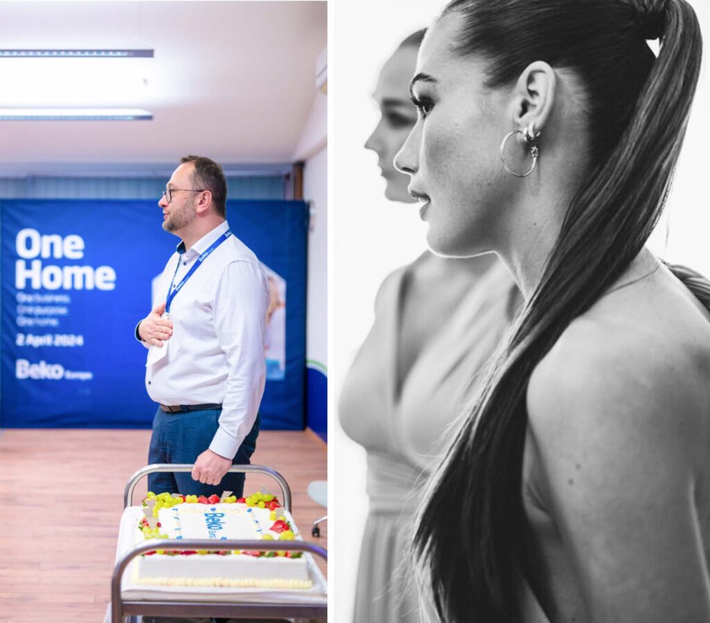business portrét vo firme beko v poprade, vedľa je umelecký portrét mladej peknej ženy